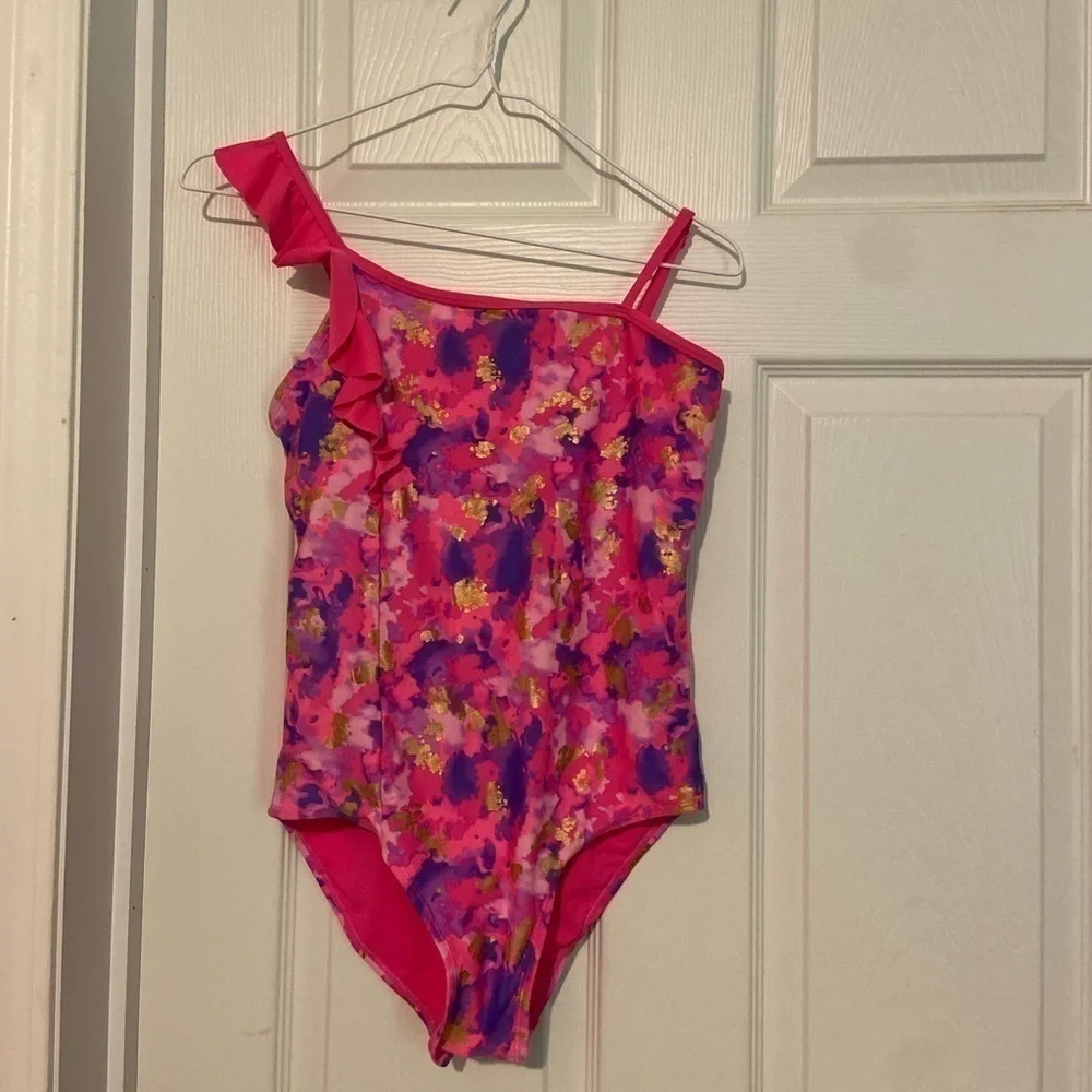 justice Sz 12 Plus Girls One Piece Bathing Suit Pink Purple Gold Swim Wear GUC